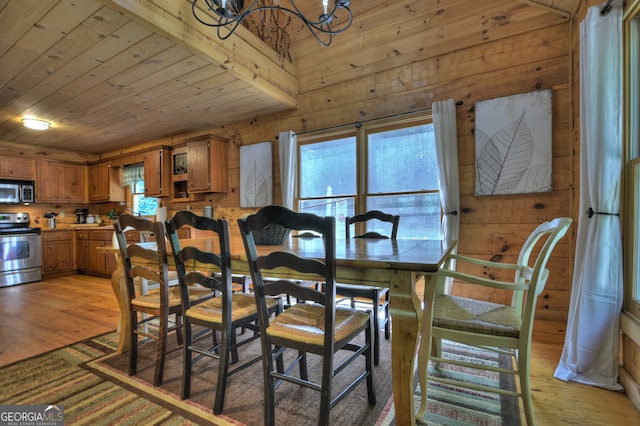 dining room with wood walls, beam ceiling, wooden ceiling, a notable chandelier, and light wood-type flooring