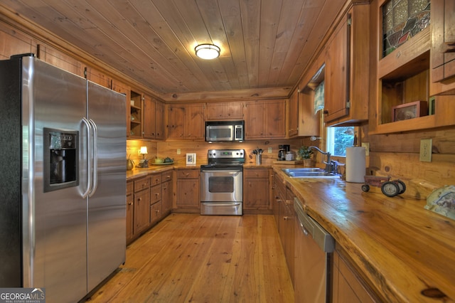 kitchen with wood ceiling, sink, butcher block countertops, appliances with stainless steel finishes, and light hardwood / wood-style floors