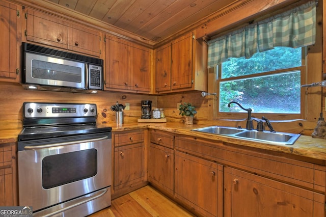 kitchen with a sink, wood ceiling, light countertops, appliances with stainless steel finishes, and brown cabinets