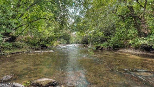 view of water feature with a forest view