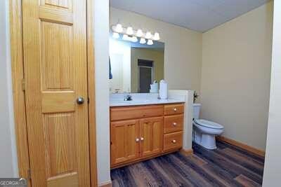 bathroom featuring vanity, toilet, and hardwood / wood-style floors