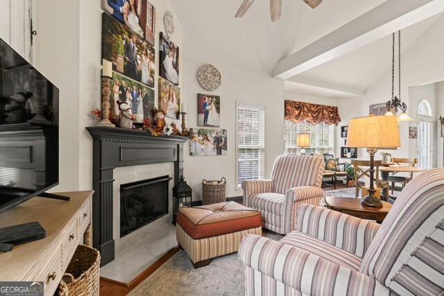 living room with ceiling fan, wood-type flooring, and vaulted ceiling