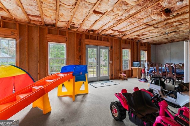 rec room featuring french doors and carpet