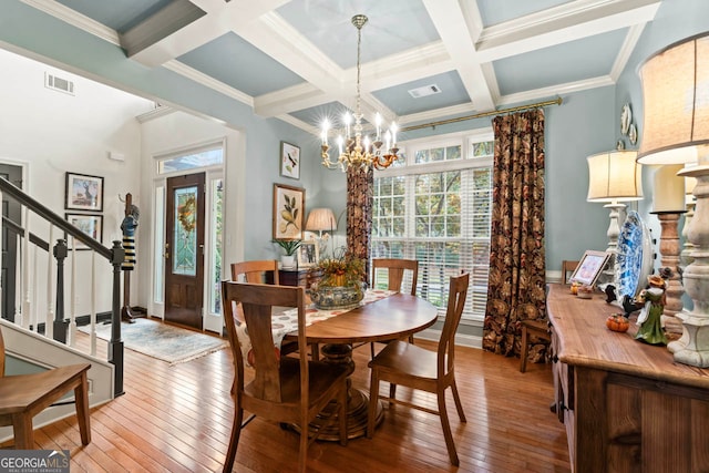 dining area with hardwood / wood-style floors, coffered ceiling, and ornamental molding