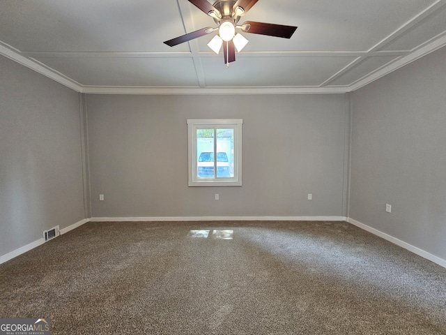 carpeted empty room with ceiling fan and crown molding