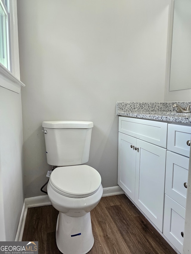 bathroom featuring vanity, wood-type flooring, and toilet