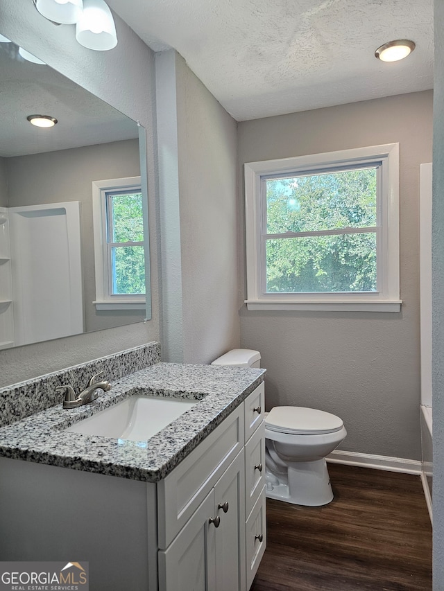 bathroom with vanity, hardwood / wood-style flooring, toilet, and plenty of natural light