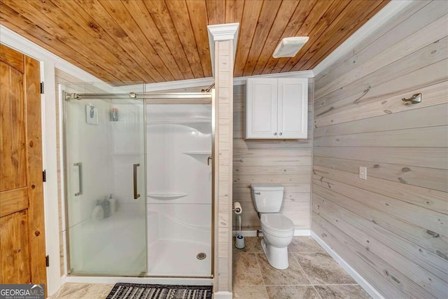 bathroom with wood ceiling, toilet, wooden walls, and a shower with shower door