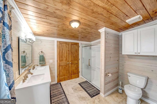 bathroom with toilet, a shower with door, wooden ceiling, and vanity