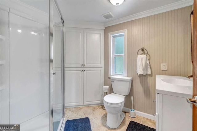 bathroom with vanity, walk in shower, toilet, ornamental molding, and wooden walls