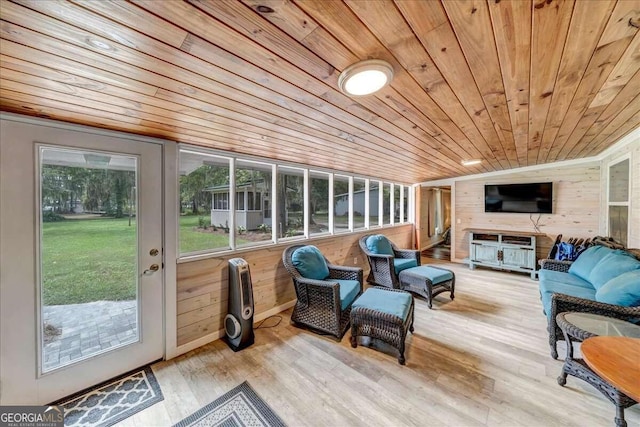 sunroom with wood ceiling