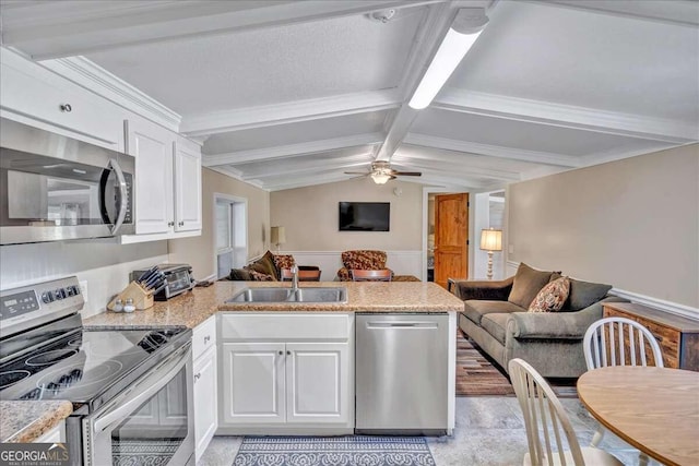 kitchen featuring sink, kitchen peninsula, stainless steel appliances, and ceiling fan