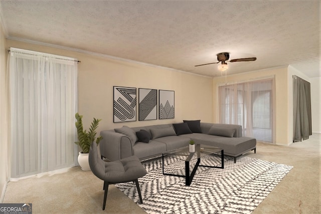 living room featuring crown molding, light colored carpet, and a textured ceiling