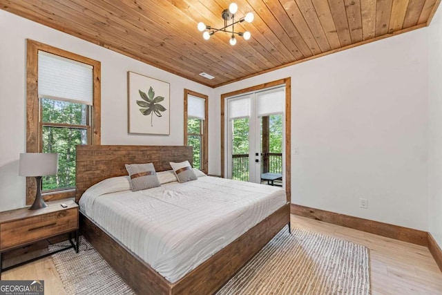 bedroom featuring wooden ceiling, light hardwood / wood-style flooring, a chandelier, and access to outside