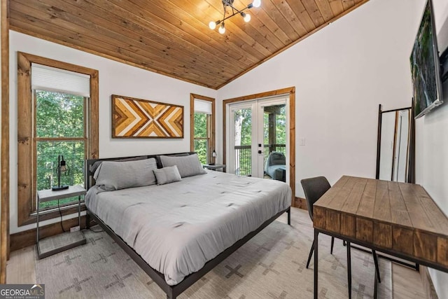 bedroom featuring multiple windows, lofted ceiling, access to outside, and wood ceiling