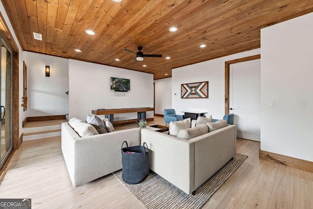 living room with light wood-type flooring, ceiling fan, and wooden ceiling