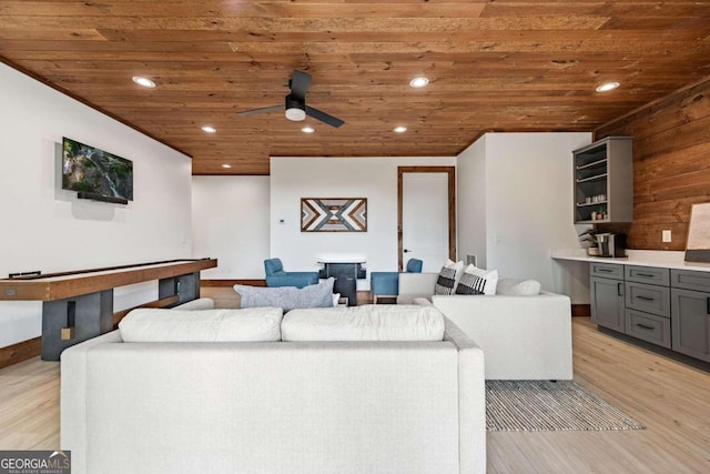 interior space featuring ceiling fan, wood ceiling, and light hardwood / wood-style flooring