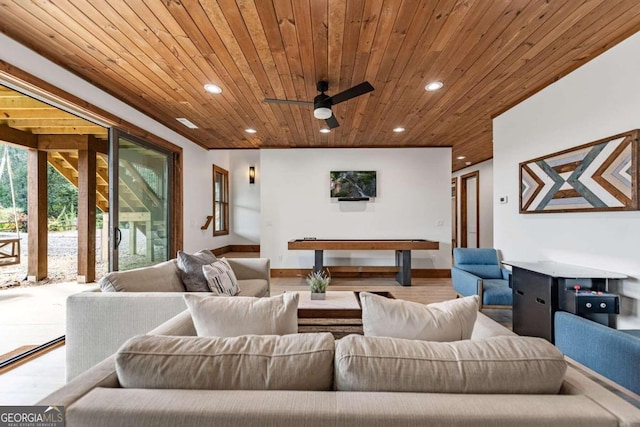 interior space featuring wood-type flooring, wooden ceiling, and ceiling fan