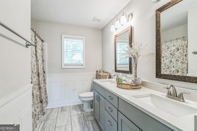 bathroom featuring vanity, toilet, and walk in shower