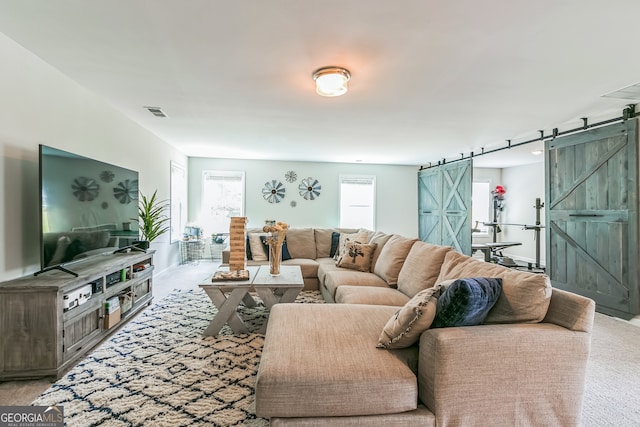 carpeted living room with a barn door and track lighting