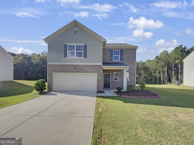 traditional home with concrete driveway, a garage, brick siding, and a front lawn