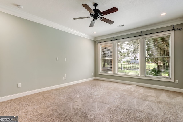 spare room with crown molding, ceiling fan, and carpet floors