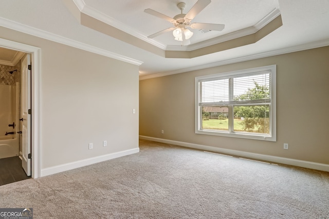 spare room with ornamental molding, a raised ceiling, and ceiling fan