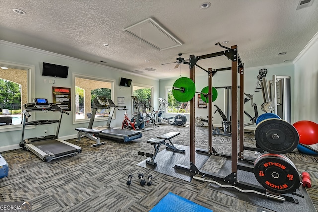 gym with a textured ceiling, carpet flooring, and ornamental molding