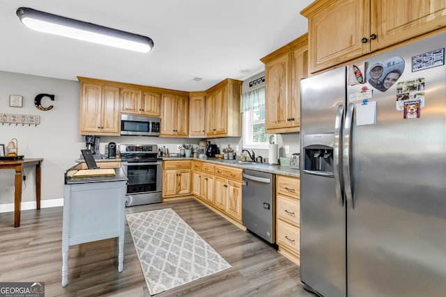 kitchen with appliances with stainless steel finishes, light hardwood / wood-style flooring, and sink