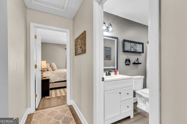 bathroom featuring vanity, toilet, and hardwood / wood-style flooring