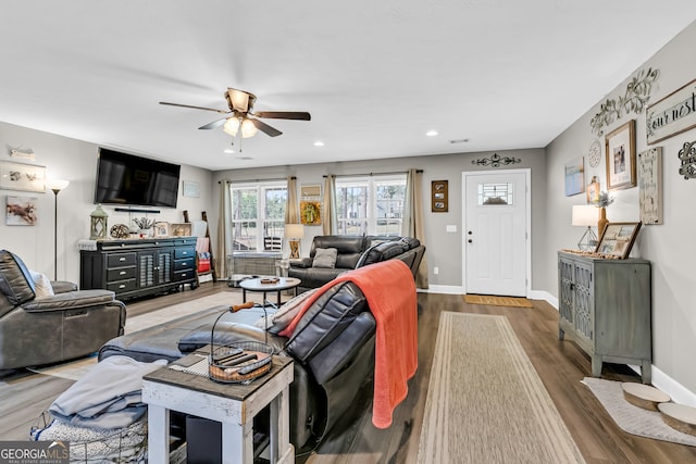 living room featuring ceiling fan and wood-type flooring