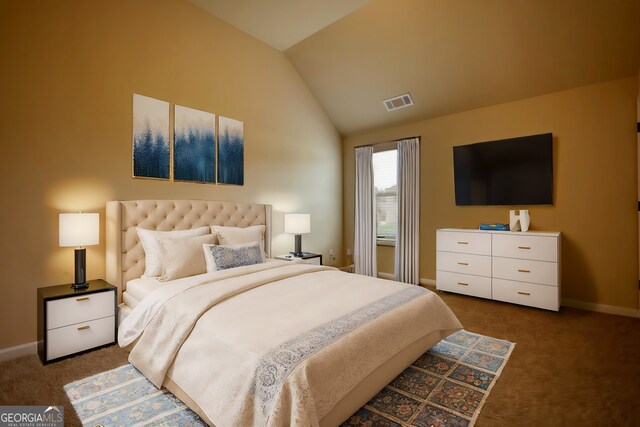 1223 Hartwell Rd, Locust Grove, GA 30248 - carpeted bedroom with visible vents, lofted ceiling, and baseboards