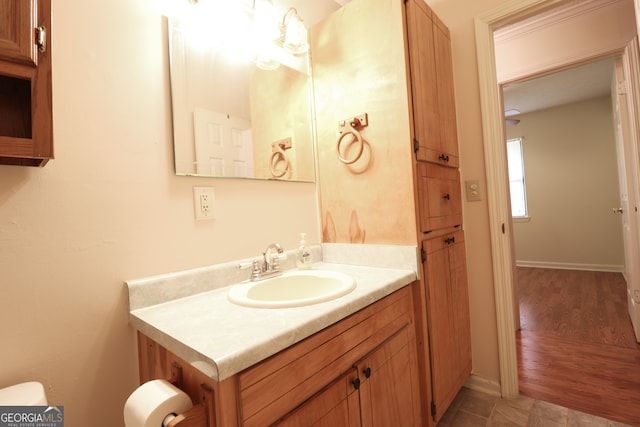 bathroom with vanity and wood-type flooring