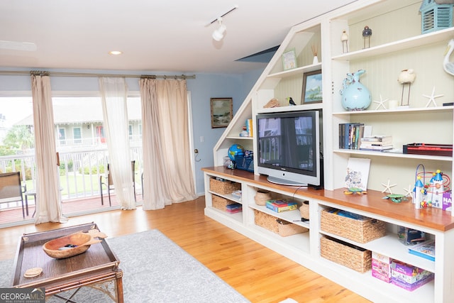 living area with a wealth of natural light, hardwood / wood-style flooring, and rail lighting