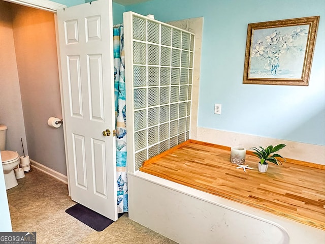 bathroom featuring wood-type flooring, toilet, and a shower with shower curtain