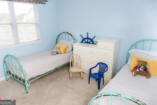 bedroom with light carpet