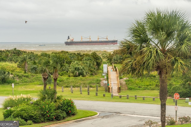 view of home's community with a water view and a yard