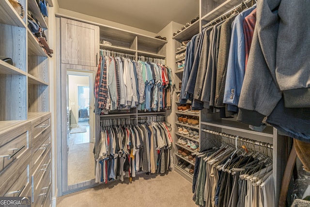 walk in closet featuring light carpet