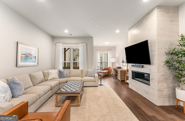 living room featuring a fireplace and dark wood-type flooring