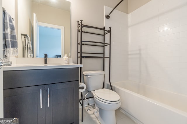 full bathroom with tiled shower / bath combo, tile patterned flooring, vanity, and toilet