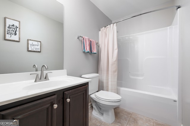 full bathroom with tile patterned flooring, vanity, toilet, and shower / bathtub combination with curtain