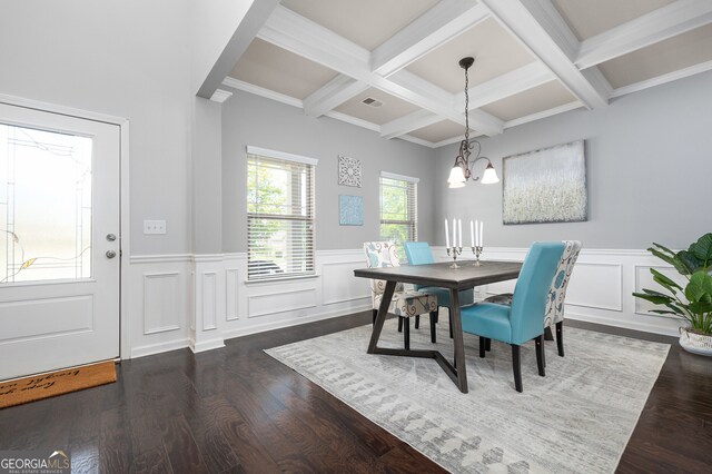 dining space with beam ceiling, dark wood-type flooring, a chandelier, coffered ceiling, and crown molding