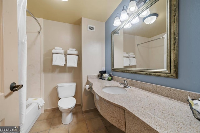 full bathroom featuring tile patterned flooring, toilet, shower / tub combo, and vanity