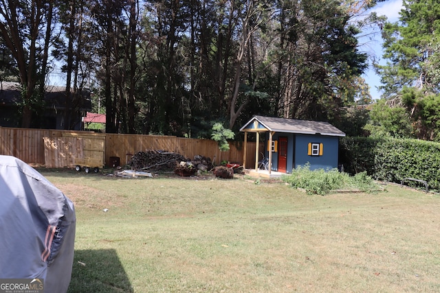 view of yard with a storage shed