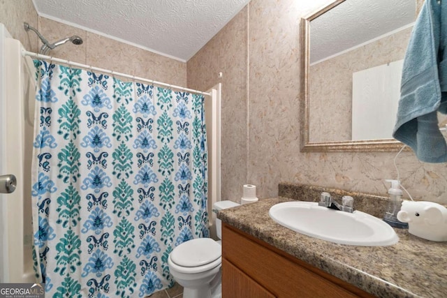 bathroom featuring a textured ceiling, vanity, toilet, and walk in shower