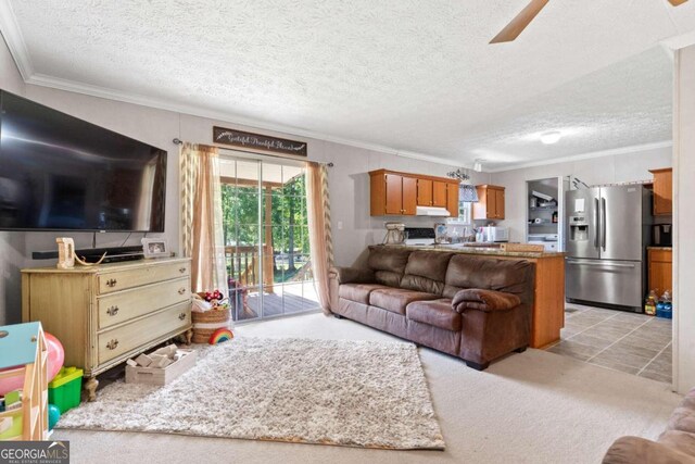 carpeted living room featuring ceiling fan, ornamental molding, and a textured ceiling