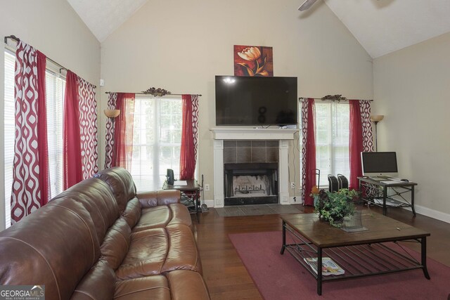 living room featuring a tile fireplace, a healthy amount of sunlight, high vaulted ceiling, and wood-type flooring