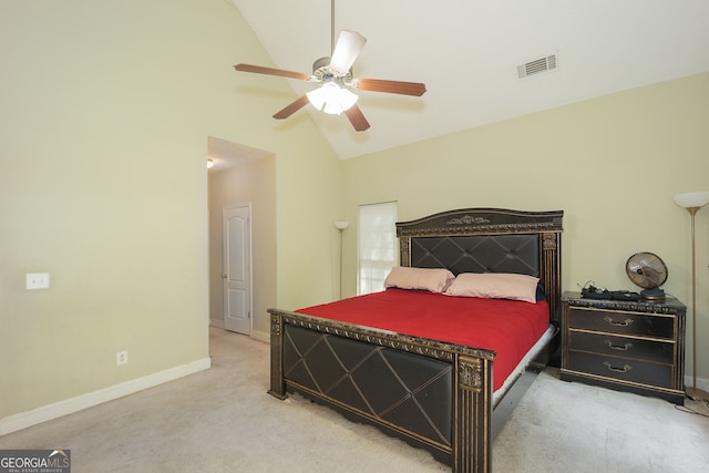 carpeted bedroom featuring high vaulted ceiling and ceiling fan