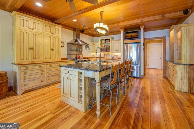 kitchen with ventilation hood, light wood-type flooring, stainless steel appliances, sink, and an island with sink