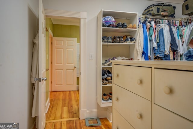 walk in closet with light hardwood / wood-style flooring